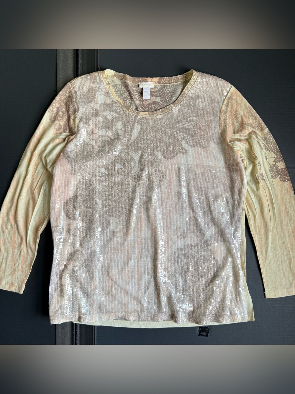 Chico's Pale Peach Sequin Paisley Long-Sleeve Crewneck Top